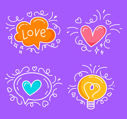 Set of hand-drawn hearts, love icons. Colored Doodle, Cartoon, Contour, Outline. Children's drawing. Light bulb, dialog box, bubble, message. 