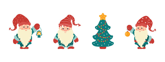Set of little Christmas gnomes in caps with festive tree, lantern, ball.