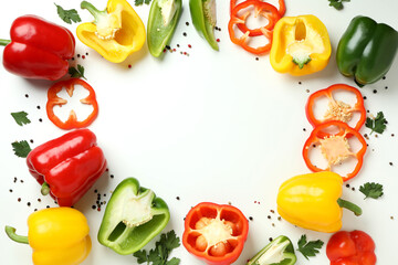 Concept of tasty food with bell pepper on white background