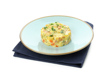 Plate of Olivier salad isolated on white background