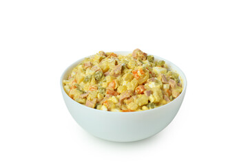 Bowl of Olivier salad isolated on white background