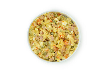 Bowl of Olivier salad isolated on white background