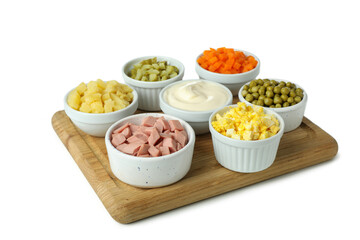 Olivier salad ingredients isolated on white background