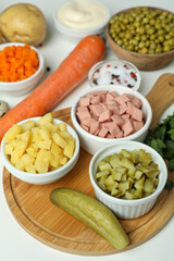 Ingredients for cooking Olivier salad on white background