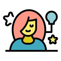 Girl and light bulb icon. Outline girl and light bulb vector icon color flat isolated