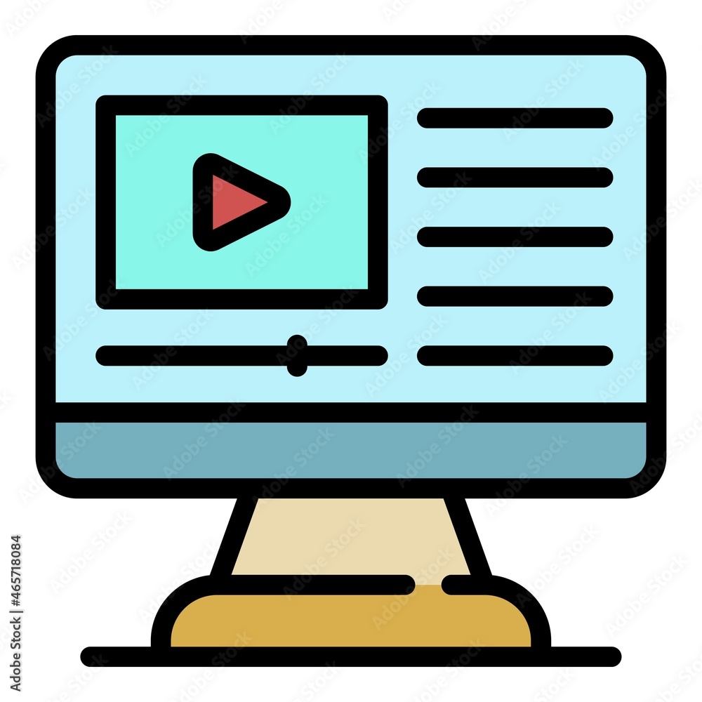 Poster playing videos on a computer icon. outline playing videos on a computer vector icon color flat isola