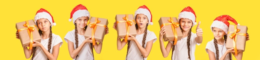 collage of photos, a girl in a santa claus hat with a gift on a yellow background