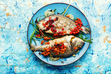 Roasted fish in viburnum syrup