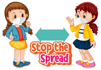 Stop the Spread font with two girls keeping social distance isolated on white background