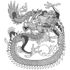 East Asia dragon. Traditional Chinese mythological creature. One of celestial feng shui animals. Graphic style vector illustration. Black and white 