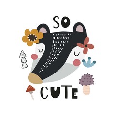so cute. Cartoon badger, hand drawing lettering, decor elements. Forest. colorful vector illustration for kids, flat style. baby design for cards, print, posters, logo, cover