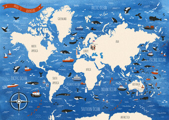 Cartoon watercolor world map of whales, ships, sailboat, hand drawn decorative ocean background, doodle illustration marine life, sea poster design travel fantasy wallpaper animal for play kid