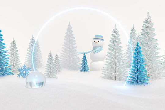 Winter Christmas scene with snowman decoration. 3d rendering.