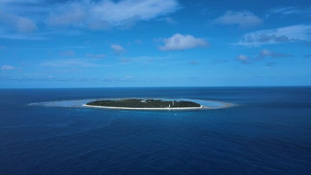 High panoramic view of Lady Elliot Island looking across the water of the pacific ocean. Static Drone view