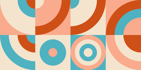 Modern vector abstract  geometric background with circles, rectangles and squares  in retro scandinavian style. Pastel colored simple shapes graphic pattern. Abstract mosaic artwork.