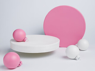 Creative Christmas layout made of podium and pink baubles on white background. Minimal Xmas or New year advertisement concept. Mock up showcase for product, promotion, sale or presentation.