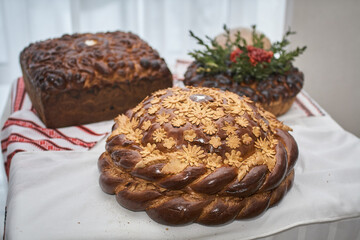 Traditional wedding Ukrainian bread Korovai with flowers