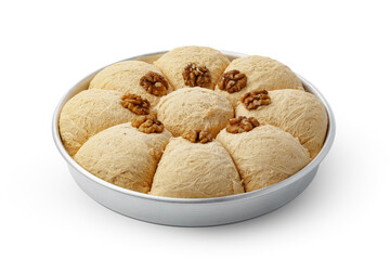 Turkish dessert halva in metal tray isolated on white