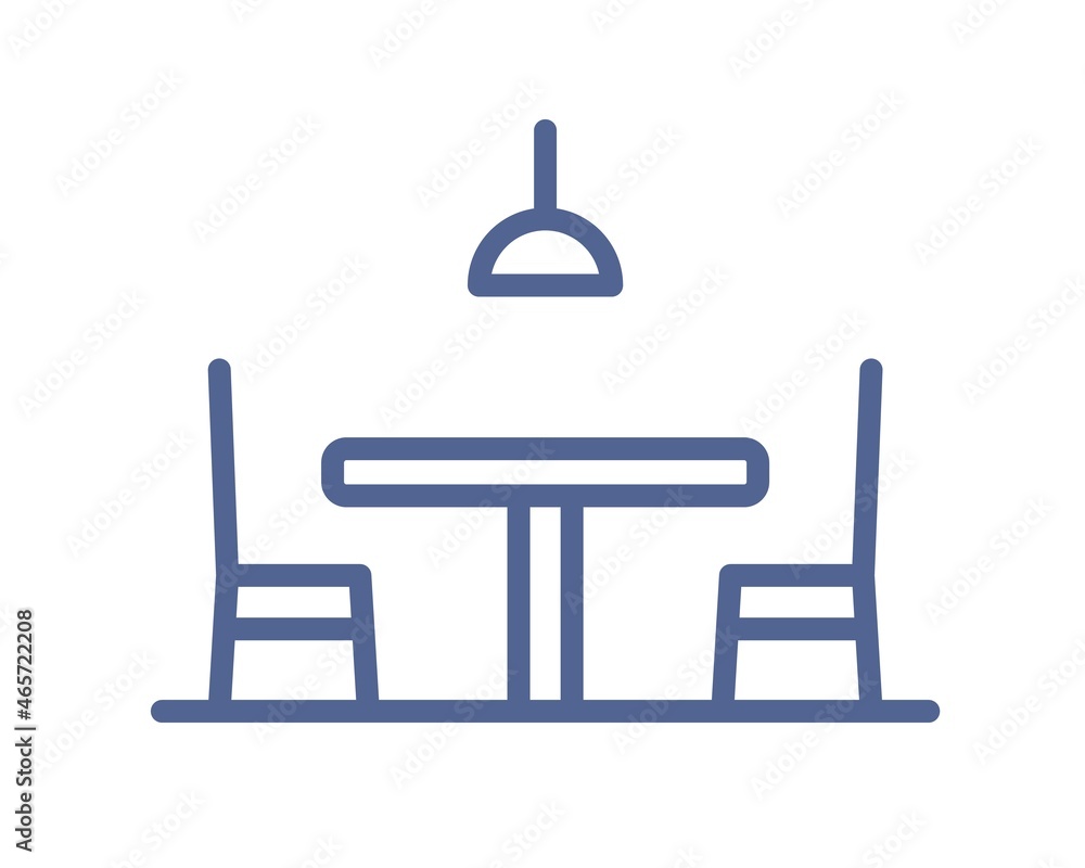 Poster outlined empty dining table, chair and lamp icon in line art style. restaurant or cafe furniture wit