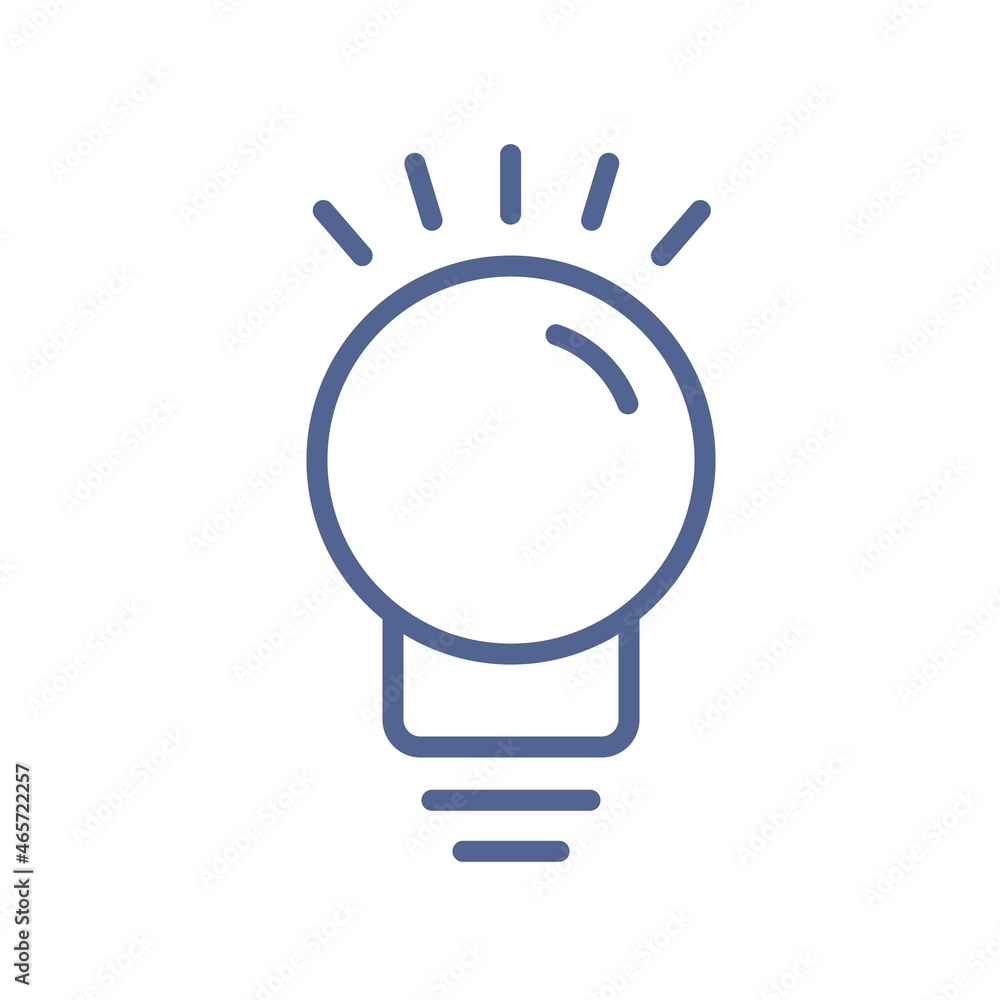 Poster Outlined light bulb icon in line art style. Glowing lightbulb pictogram. Lineart shining lamp with rays. Creative idea concept. Simple linear flat vector illustration isolated on white background