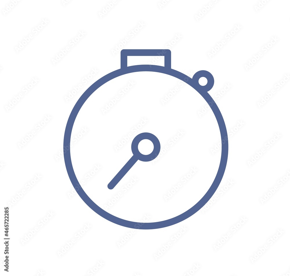 Poster Simple stopwatch icon in line art style. Symbol of stop watch with arrow and button. Timer, chronometer pictogram. Deadline sign. Linear flat graphic vector illustration isolated on white background