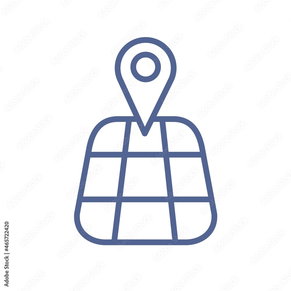 Poster GPS navigation icon with simple map and pin, pointing at destination. Pinpoint at geo location. Geolocation pictogram for travel guide. Linear flat vector illustration isolated on white background