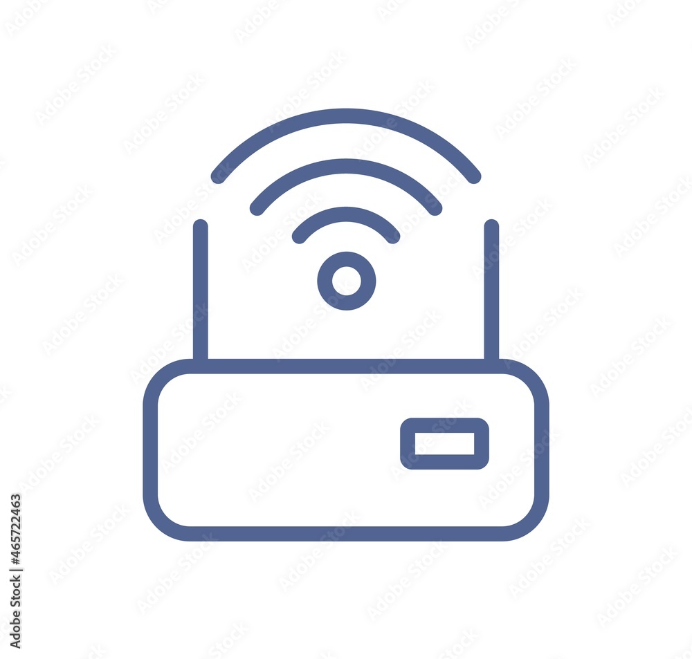 Poster Simple lineart icon of router with good solid wifi signal. Wireless internet connection sign. Modem and wi-fi pictogram in line art style. Linear flat vector illustration isolated on white background