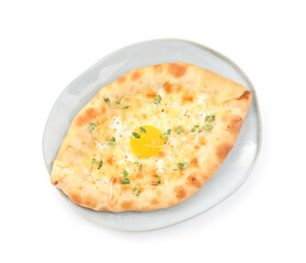Fresh delicious Adjarian khachapuri isolated on white, top view
