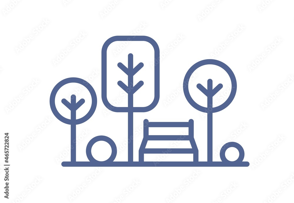 Poster Icon of park with trees and bench in line art style. Lineart landscape with plants and resting area. Outlined nature sign for UI design. Simple linear flat vector illustration isolated on white