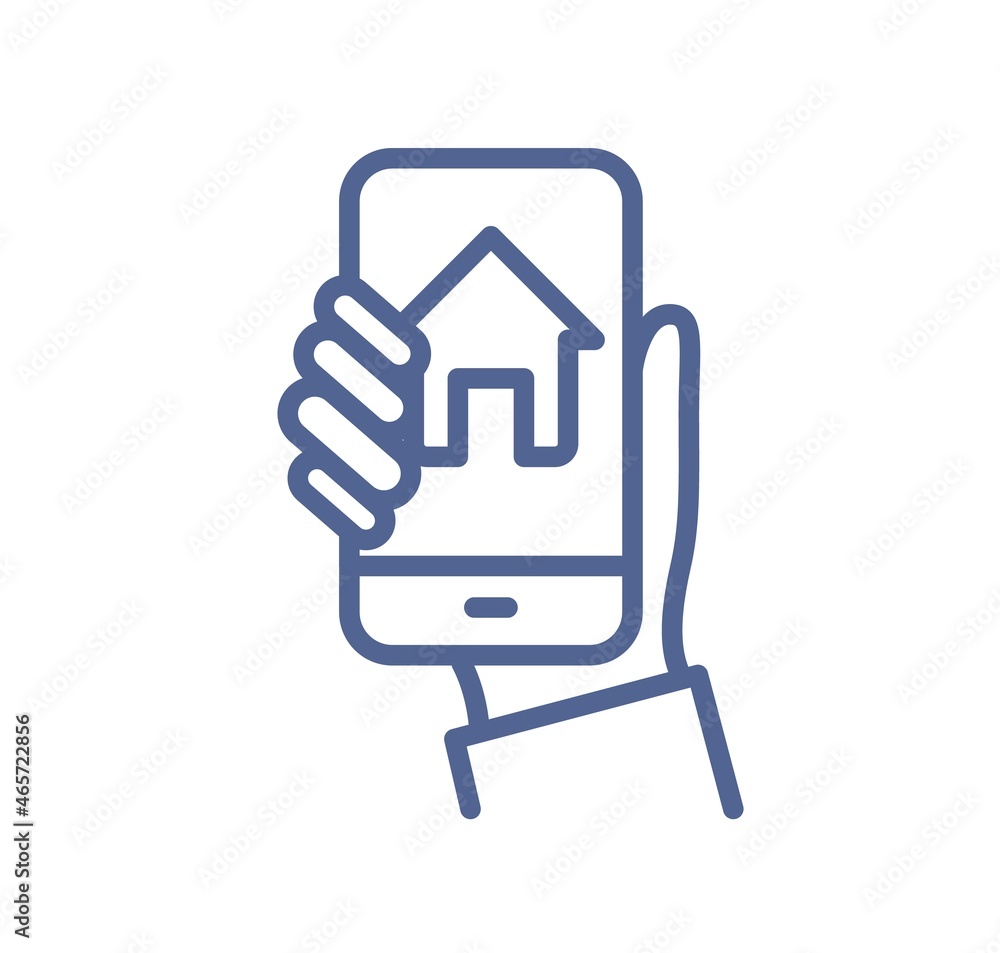 Aufkleber Smart home control app on phone screen in hand. Simple line art icon of house monitoring system through mobile application in lineart style. Flat vector illustration isolated on white background