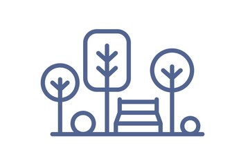 Icon of park with trees and bench in line art style. Lineart landscape with plants and resting area. Outlined nature sign for UI design. Simple linear flat vector illustration isolated on white