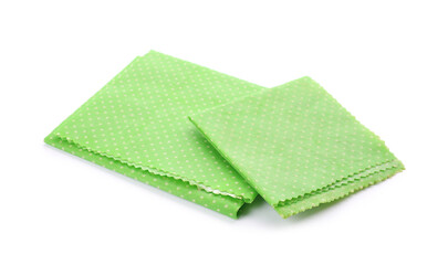 Green reusable beeswax food wraps on white background