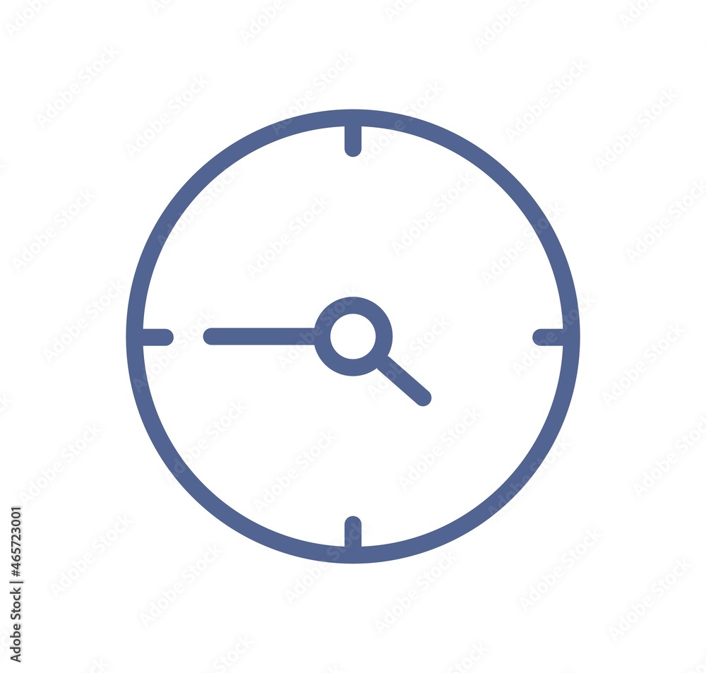 Fototapete Simple line art icon of clock with hour and minute arrows on circle dial. Lineart timer with day time. Timepiece with pointers pictogram. Linear flat vector illustration isolated on white background