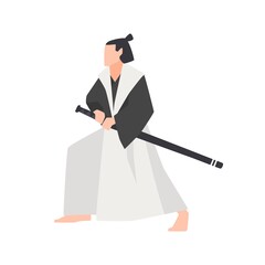 Samurai warrior isolated on white background. Brave Japanese knight wearing kimono, standing in fight position and holding katana sword. Colored vector illustration in flat cartoon style for logotype.