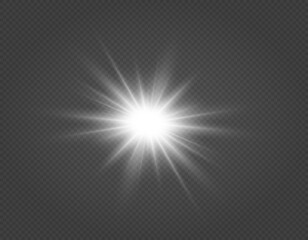 Shining silver star. Light Effect Bright Star, Christmas Star. White glowing light explodes.