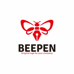 Bee logo with pen symbol for writer logo design concept.