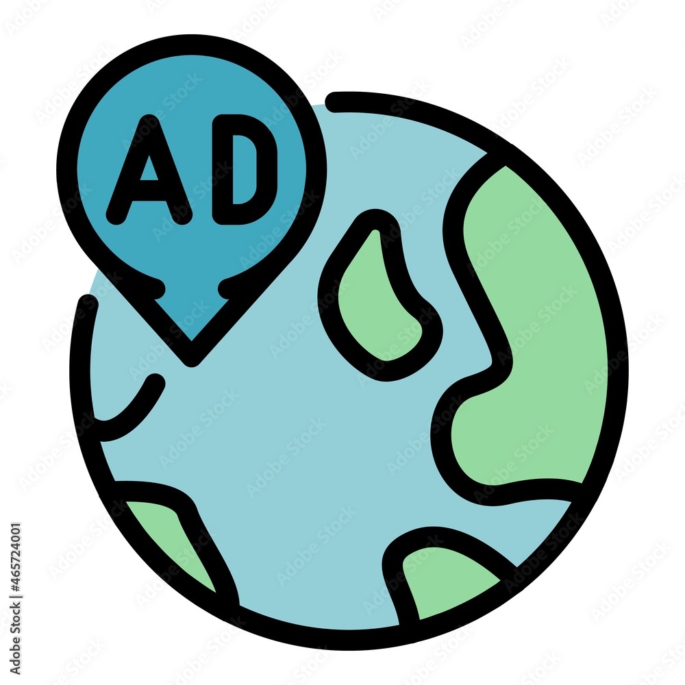 Poster ad mark on the globe map icon. outline ad mark on the globe map vector icon color flat isolated