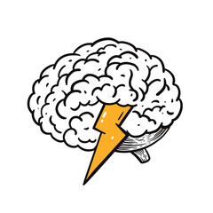 Brain idea lightning. Hand drawn cartoon style vector illustration.