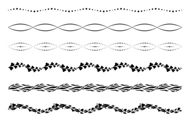 Border ornaments. Page decors. Set of decorative dividers. Patterned stripes of leaves, hearts and dots. Design elements for invitations and holiday cards.