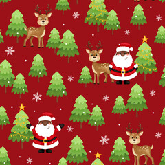 Christmas christmas seamless pattern. Black santa, deer, trees, stars, snow. African American Santa. Merry christmas and happy new year.