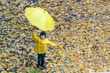 Child raised the umbrella over his head. Portrait of child in the autumn park. Top view