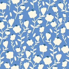 Vintage floral background. Seamless vector pattern for design and fashion prints. Floral pattern with white flower buds and leaves on a blue background.