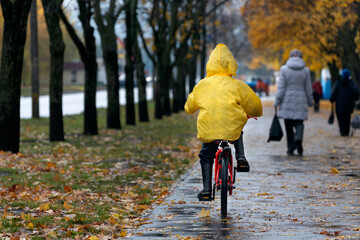 Child is rolling along the autumn alley with people in the background. Back view