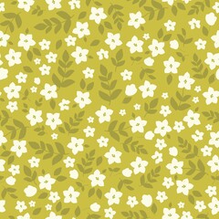 Seamless vintage pattern. White flowers. Green leaves. Mustard background. vector texture. fashionable print for textiles, wallpaper and packaging.