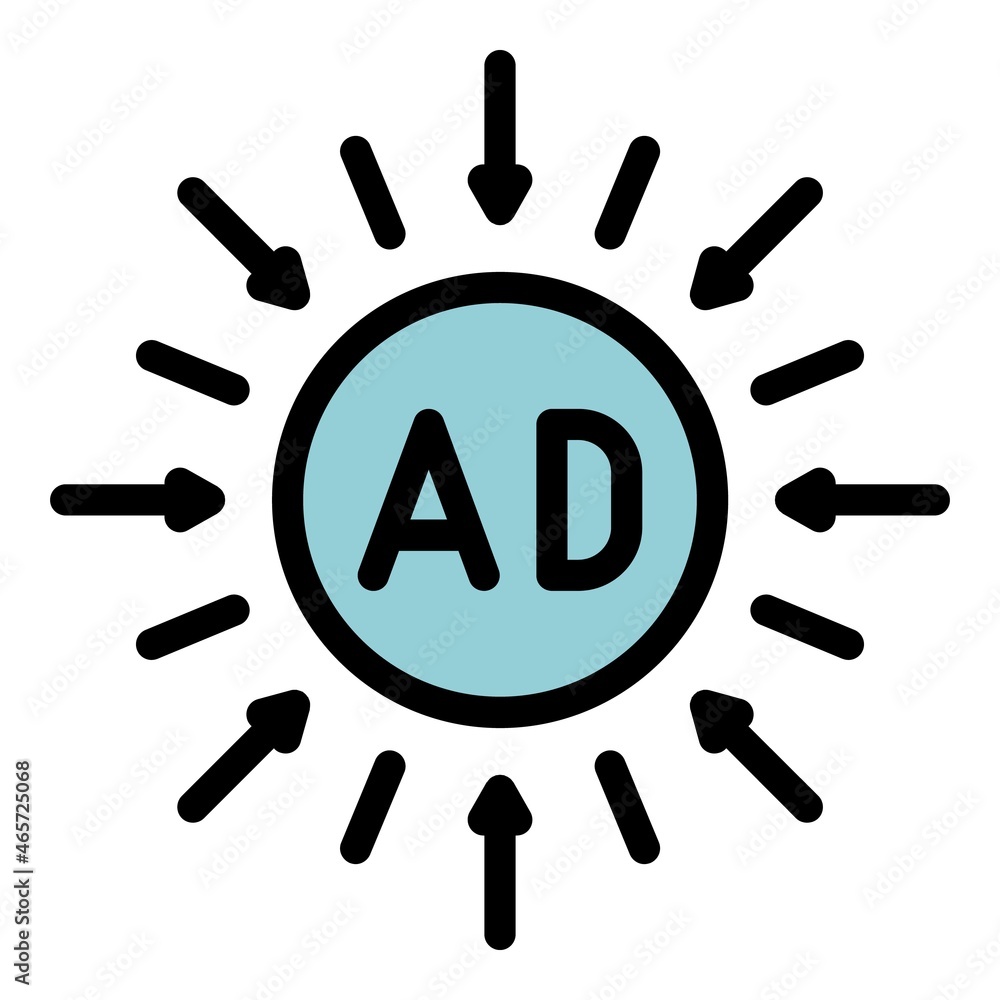 Poster ad in a circle and arrows icon. outline ad in a circle and arrows vector icon color flat isolated