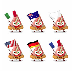 Slice of rhubarb pie cartoon character bring the flags of various countries