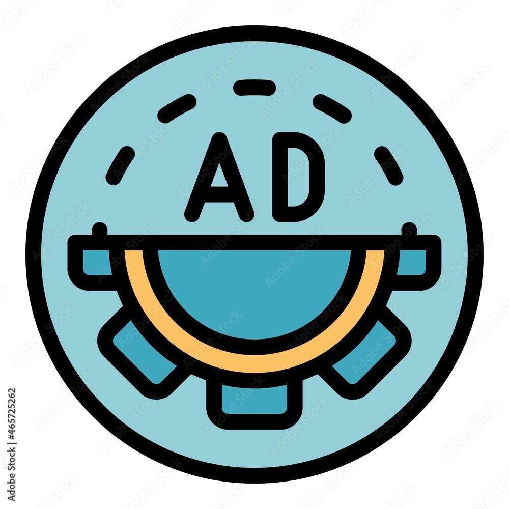 Poster ad in a circle with cog icon. outline ad in a circle with cog vector icon color flat isolated