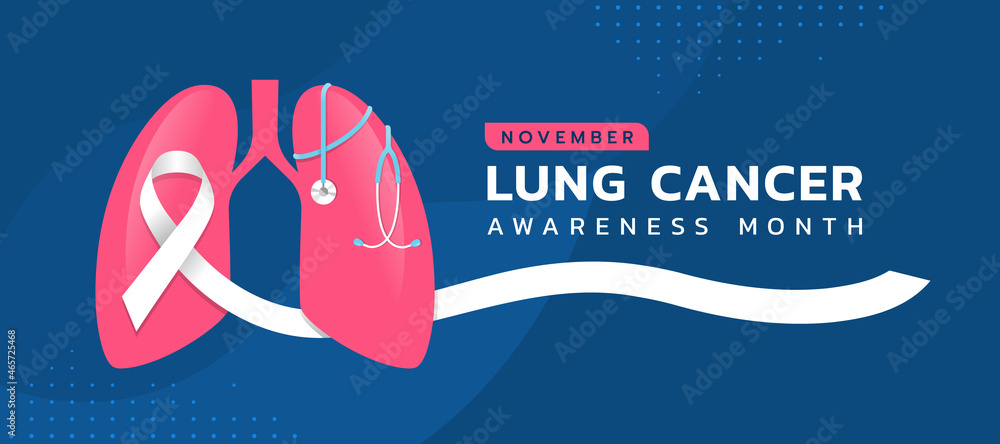 Wall mural lung cancer awareness month banner white ribbon and and stethoscope around on pink lung symbol on bl