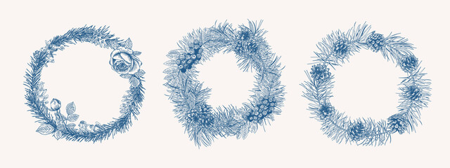Christmas set botanical wreaths. Winter template with fir and pine branches and cones. Botanical  logo isolated on white background. Engraving style. Blue and White.