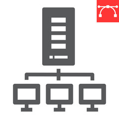 Server network glyph icon, database and connection, web hosting vector icon, vector graphics, editable stroke solid sign, eps 10.